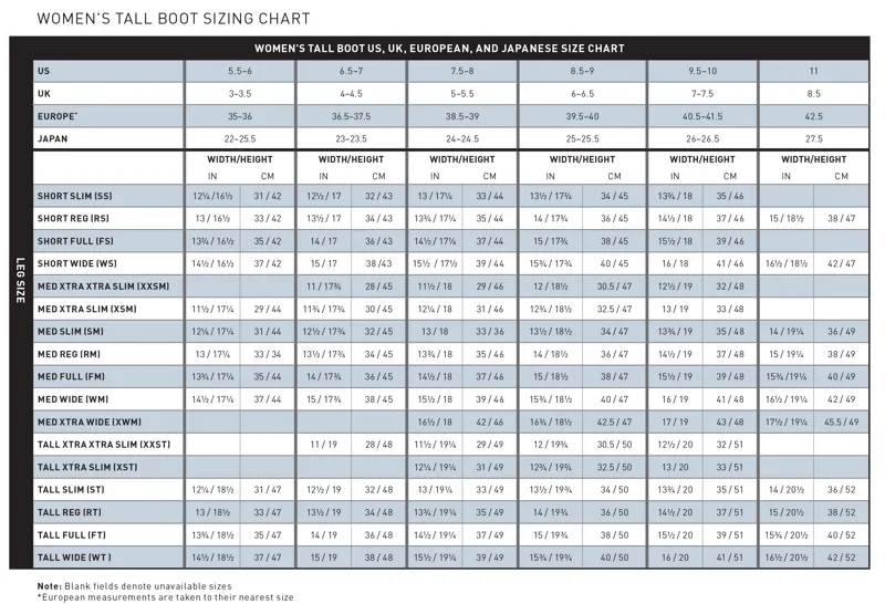 ariat ladies tall boot size chart 